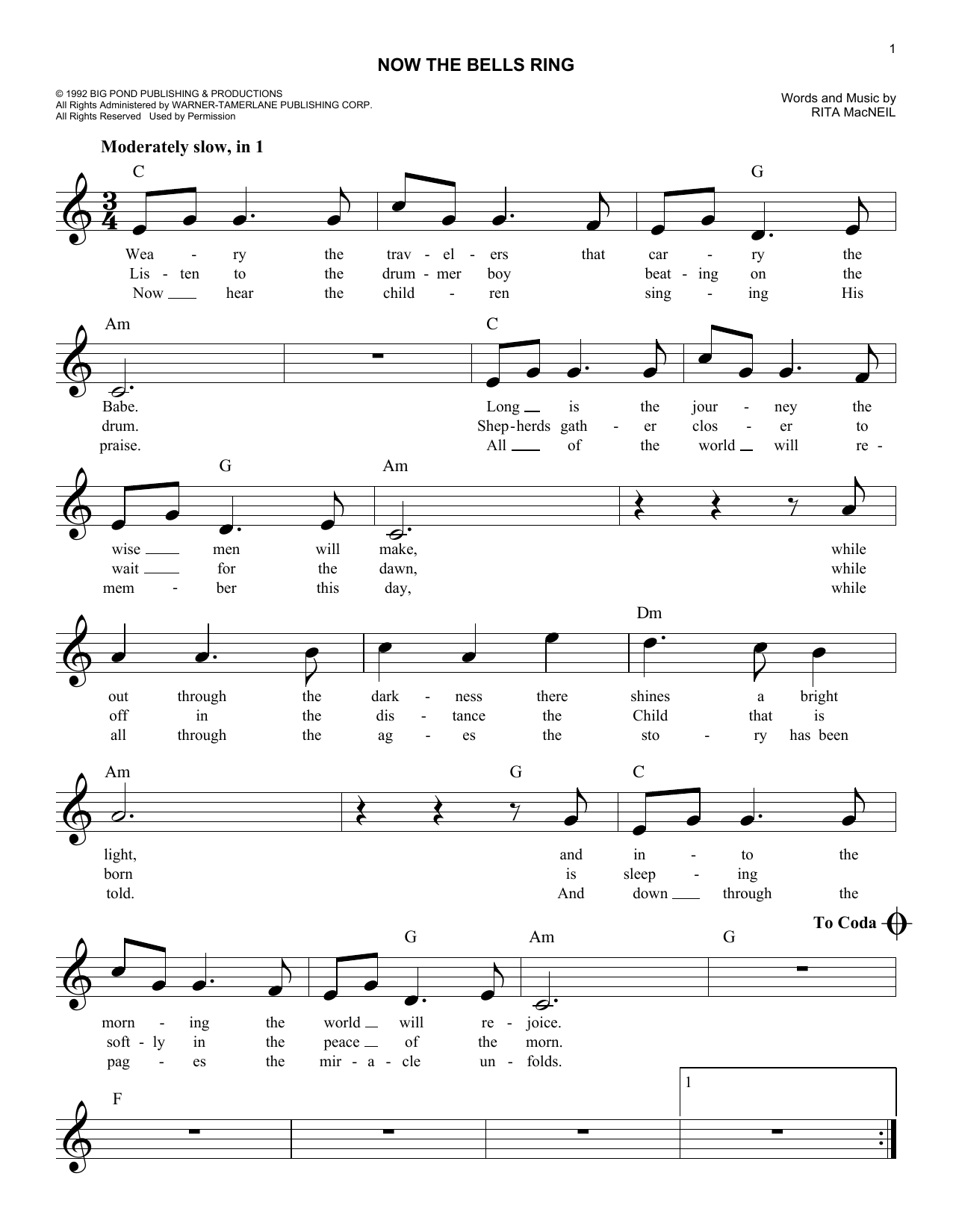 Rita MacNeil Now The Bells Ring sheet music notes and chords arranged for Lead Sheet / Fake Book