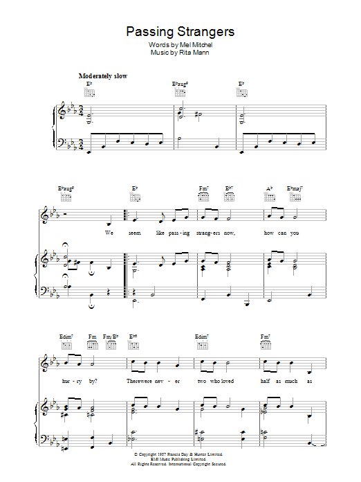 Rita Mann Passing Strangers sheet music notes and chords arranged for Piano, Vocal & Guitar Chords