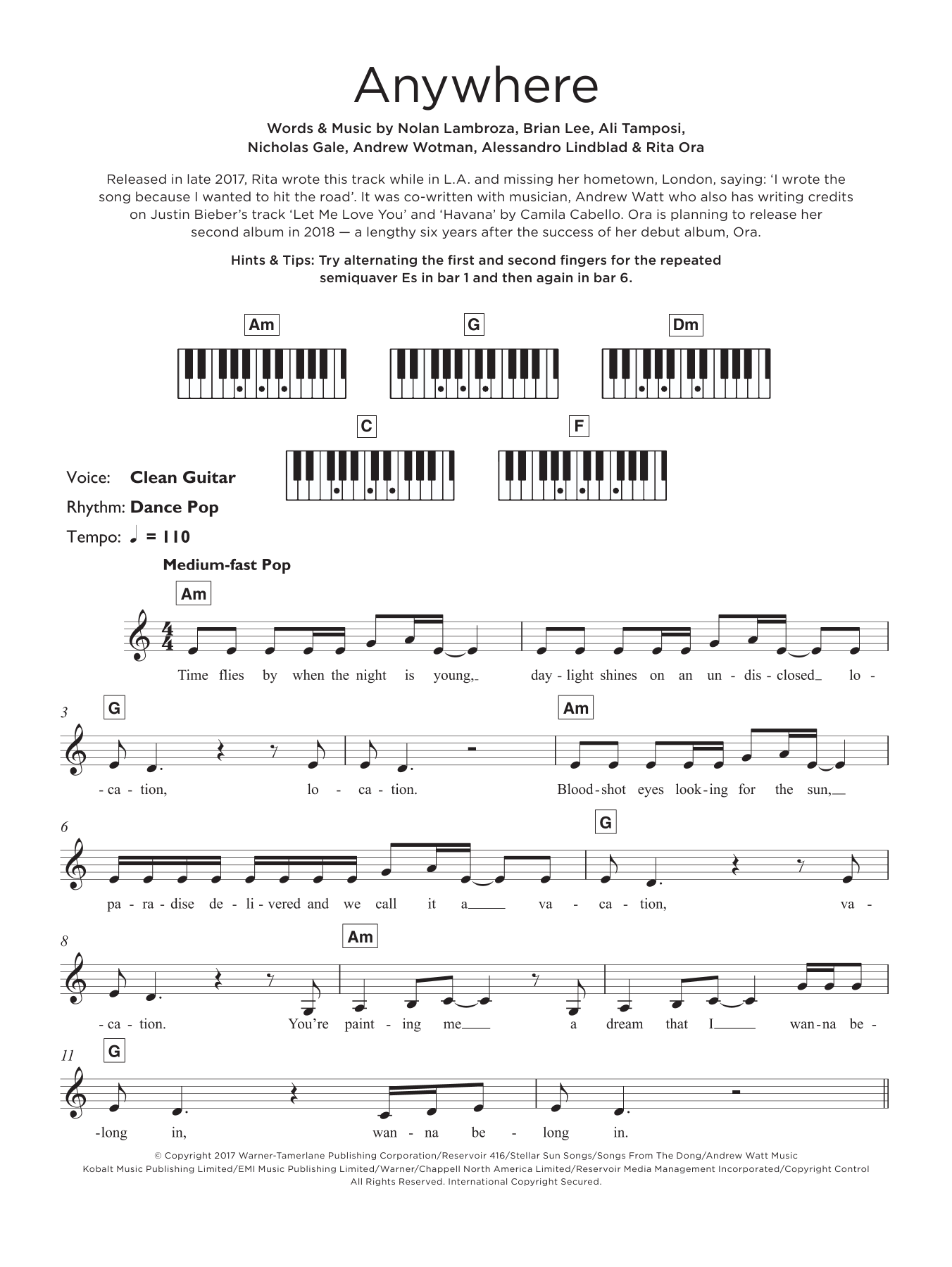 Rita Ora Anywhere sheet music notes and chords arranged for Piano, Vocal & Guitar Chords (Right-Hand Melody)