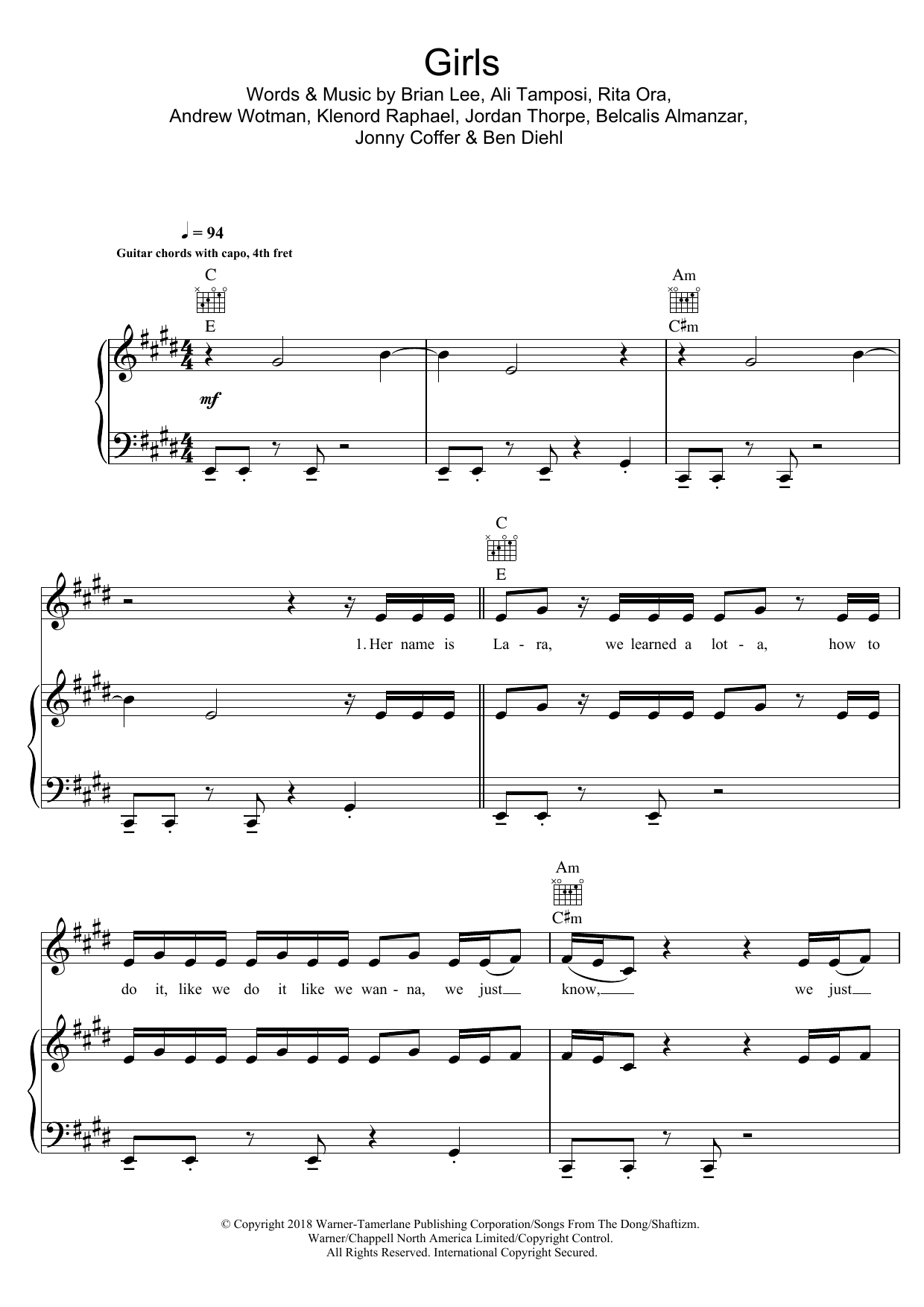 Rita Ora Girls (featuring Cardi B, Bebe Rexha and Charli XCX) sheet music notes and chords arranged for Piano, Vocal & Guitar Chords