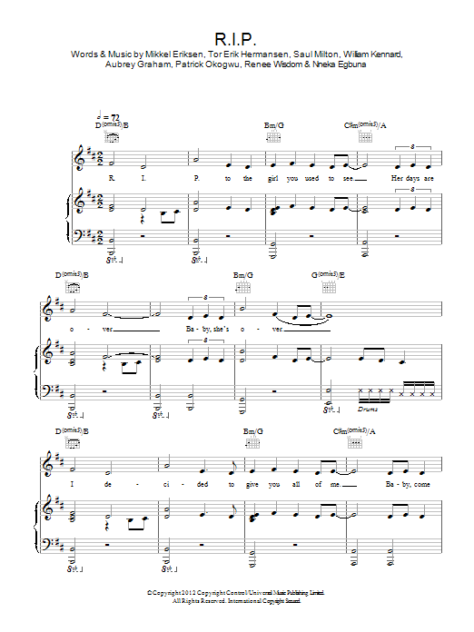 Rita Ora R.I.P. sheet music notes and chords arranged for Piano, Vocal & Guitar Chords