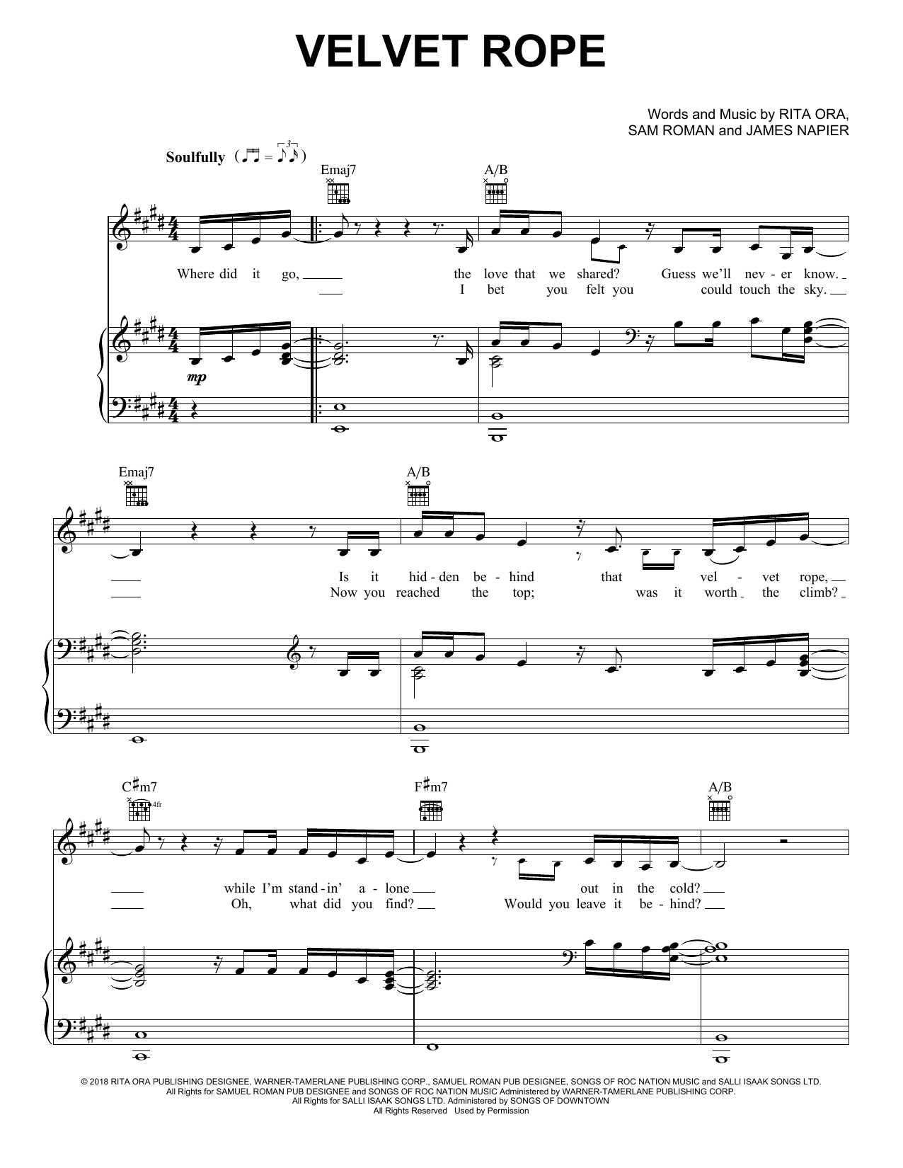 Rita Ora Velvet Rope sheet music notes and chords arranged for Piano, Vocal & Guitar Chords (Right-Hand Melody)