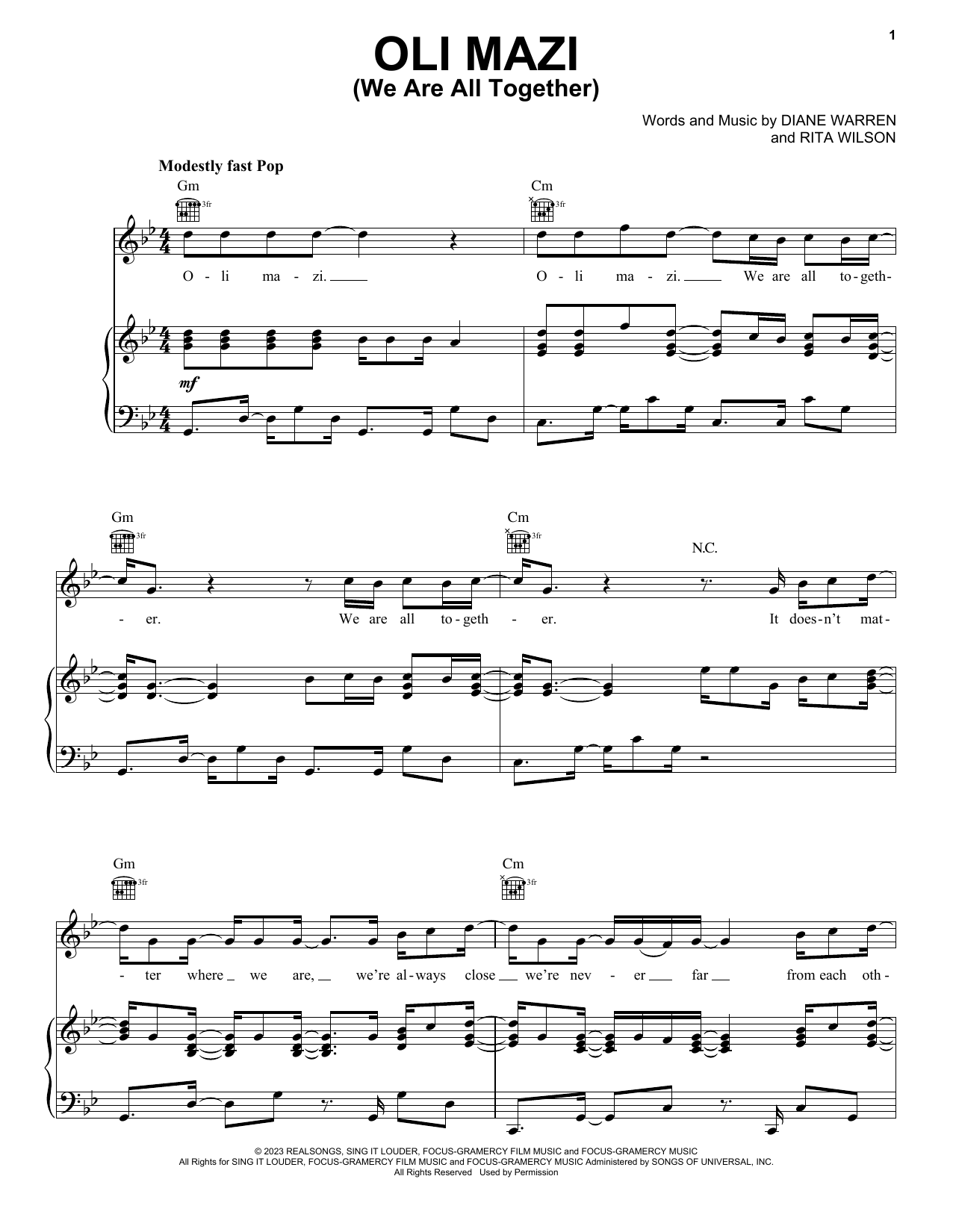 Rita Wilson & Christos Mastoras OLI MAZI (We Are All Together) (from My Big Fat Greek Wedding 3) sheet music notes and chords arranged for Piano, Vocal & Guitar Chords (Right-Hand Melody)