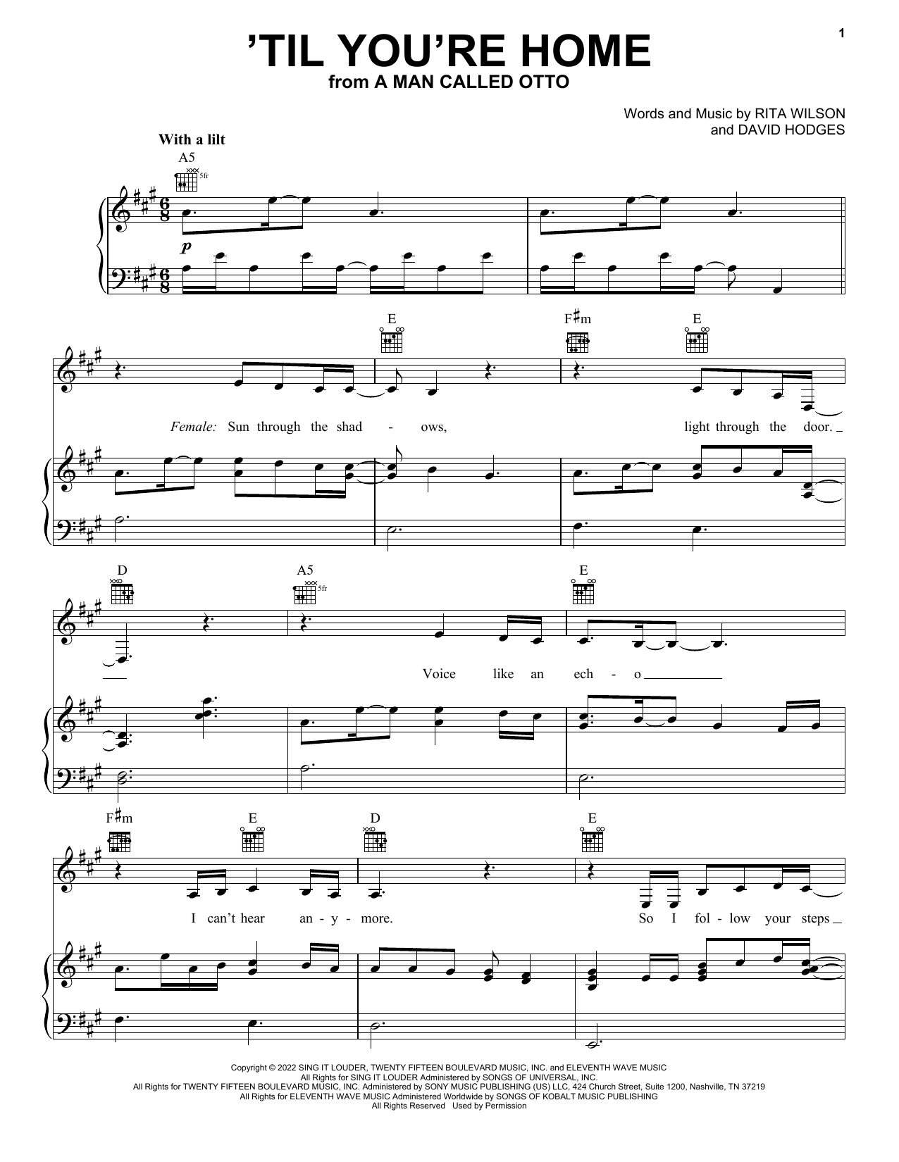 Rita Wilson & Sebastian Yatra Til You're Home (from A Man Called Otto) sheet music notes and chords arranged for Piano, Vocal & Guitar Chords (Right-Hand Melody)