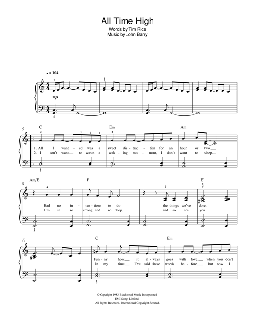 Rita Coolidge All Time High (from James Bond: Octopussy) sheet music notes and chords arranged for Easy Piano