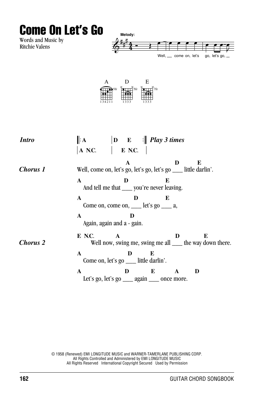 Ritchie Valens Come On Let's Go sheet music notes and chords arranged for Guitar Chords/Lyrics