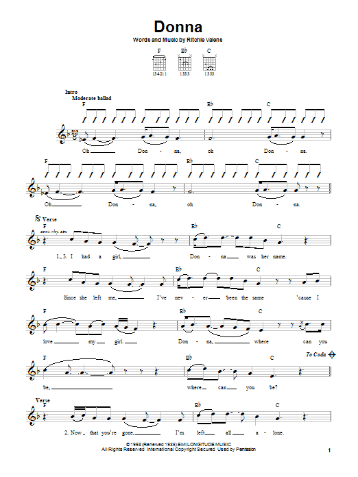 Ritchie Valens Donna sheet music notes and chords arranged for Piano, Vocal & Guitar Chords (Right-Hand Melody)