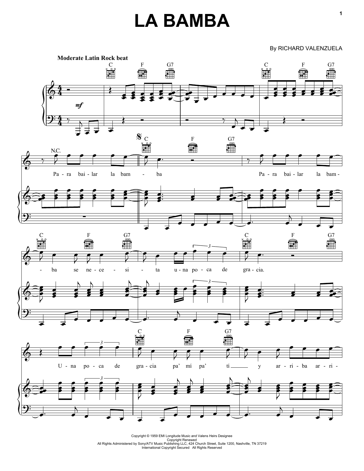 Ritchie Valens La Bamba sheet music notes and chords. Download Printable PDF.