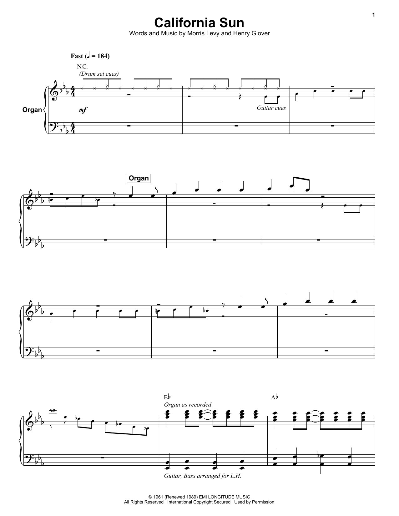 Rivieras California Sun sheet music notes and chords arranged for Keyboard Transcription