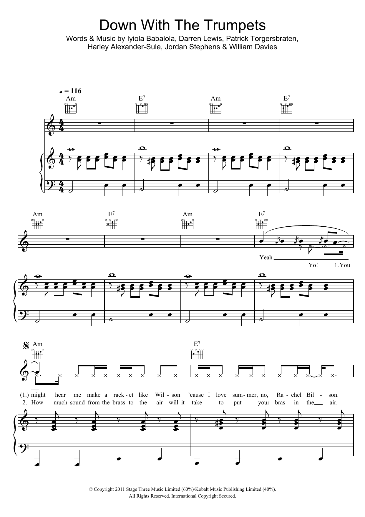 Rizzle Kicks Down With The Trumpets sheet music notes and chords arranged for Piano, Vocal & Guitar Chords