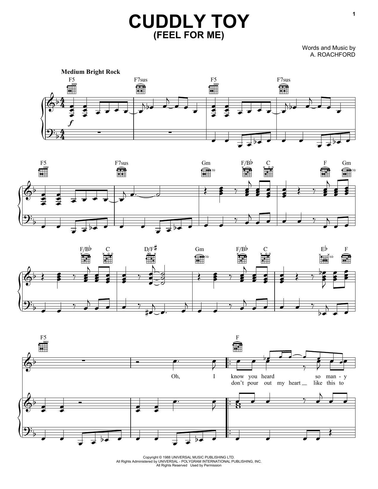 Roachford Cuddly Toy (Feel For Me) sheet music notes and chords arranged for Piano, Vocal & Guitar Chords (Right-Hand Melody)