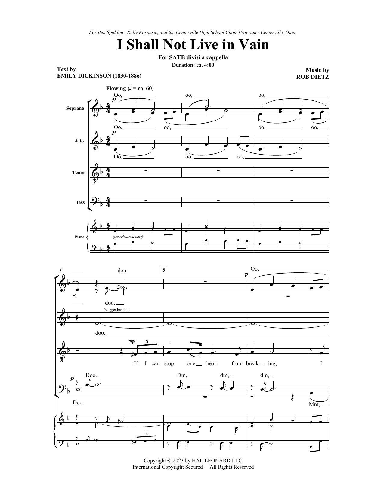 Rob Dietz I Shall Not Live In Vain sheet music notes and chords arranged for Choir