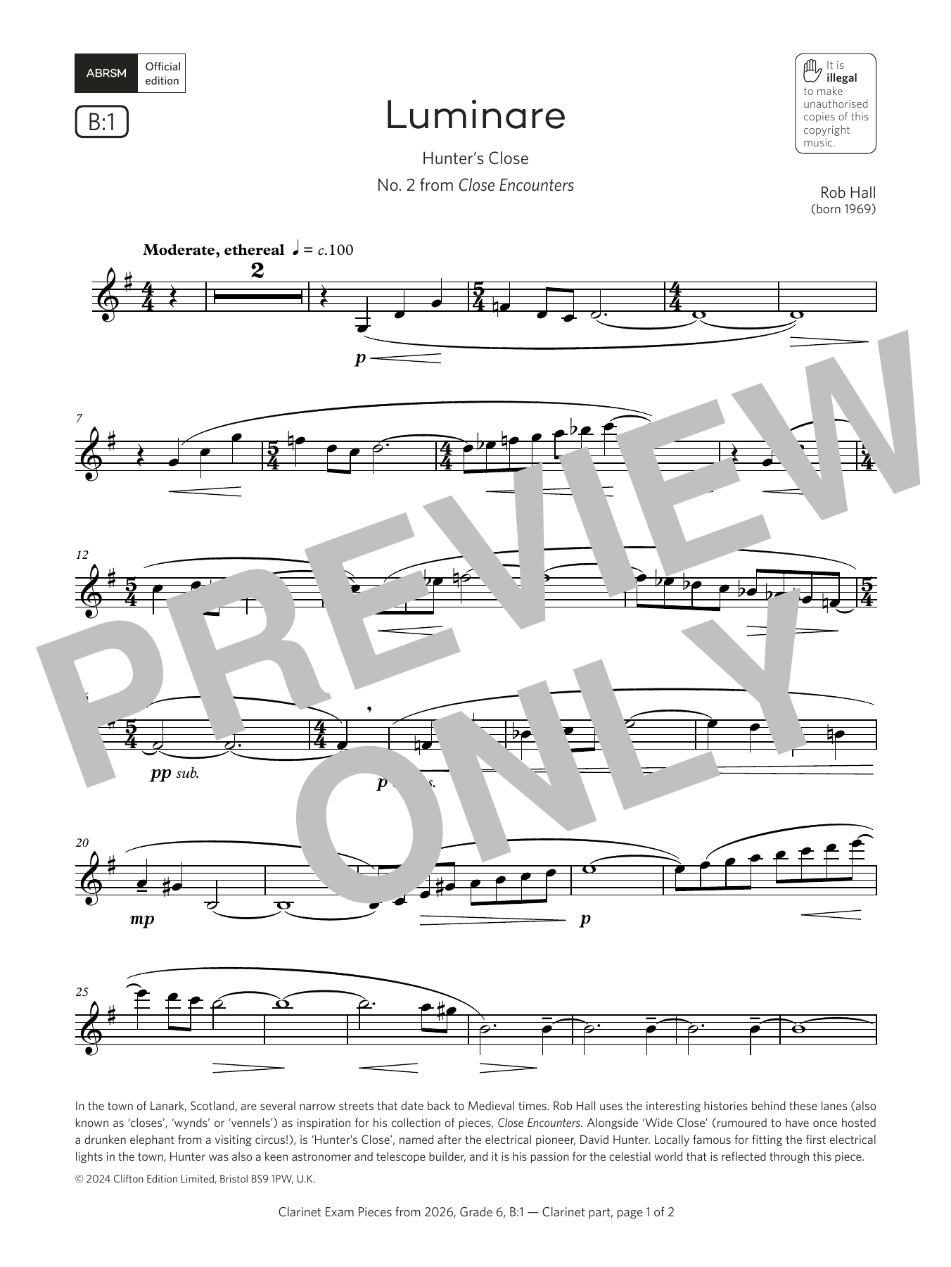 Rob Hall Luminare (Grade 6, list B1, from the ABRSM Clarinet Syllabus from 2026) sheet music notes and chords arranged for Clarinet Solo