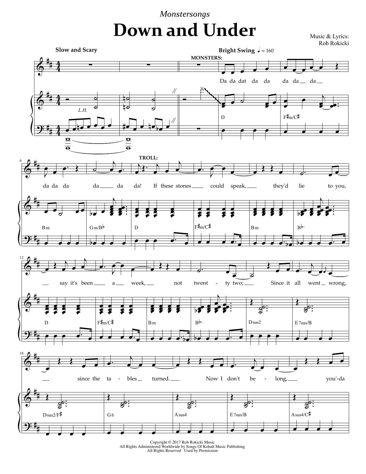 Rob Rokicki Down And Under (from Monstersongs) sheet music notes and chords arranged for Piano & Vocal