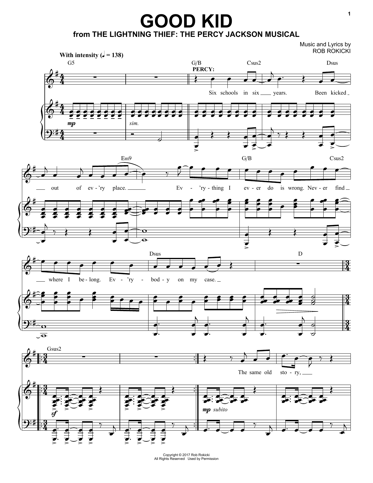 Rob Rokicki Good Kid (from The Lightning Thief: The Percy Jackson Musical) sheet music notes and chords arranged for Piano & Vocal