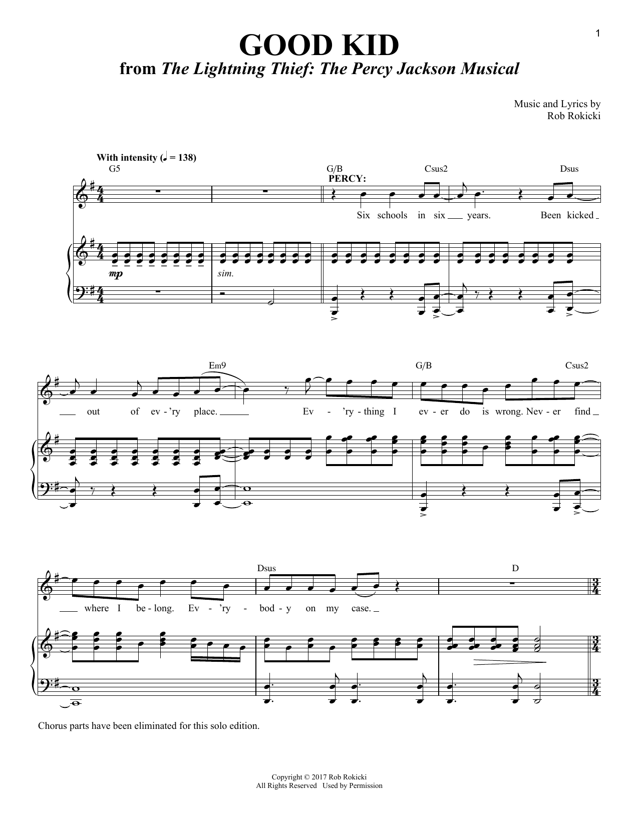 Rob Rokicki Good Kid [Solo version] (from The Lightning Thief: The Percy Jackson Musical) sheet music notes and chords arranged for Piano & Vocal