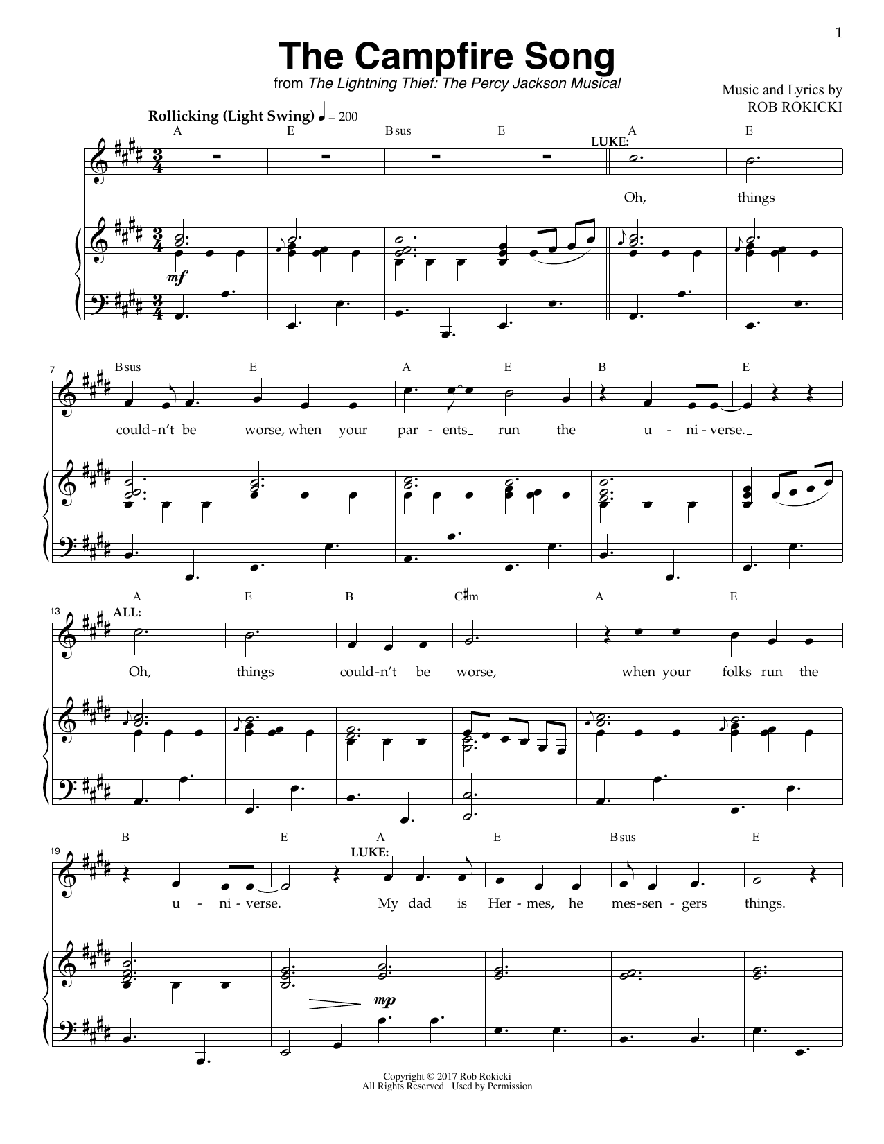 Rob Rokicki The Campfire Song (from The Lightning Thief: The Percy Jackson Musical) sheet music notes and chords arranged for Piano & Vocal