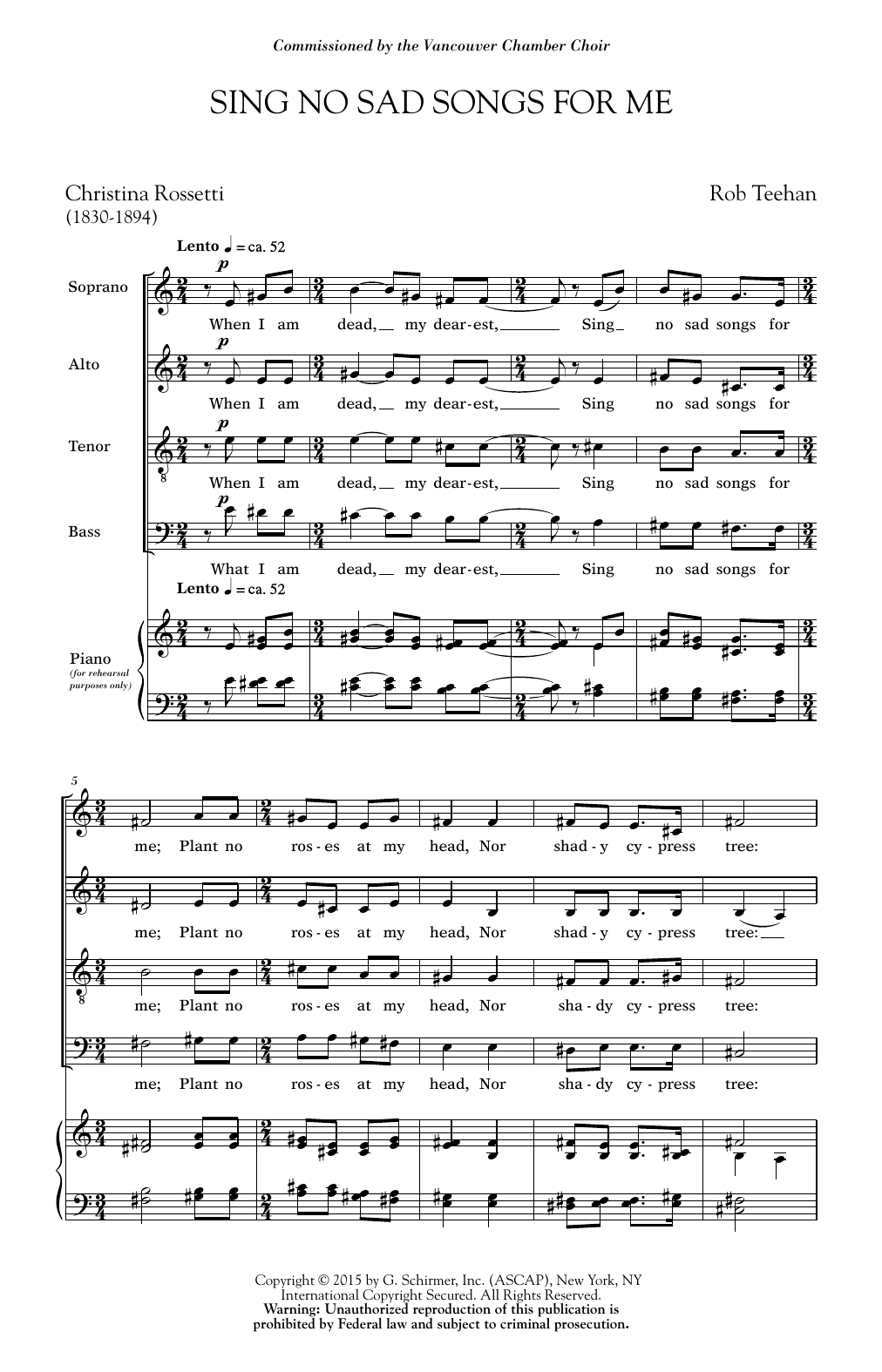 Rob Teehan Sing No Sad Songs For Me sheet music notes and chords arranged for SATB Choir