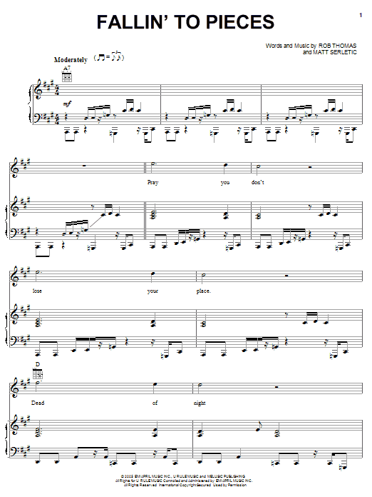 Rob Thomas Fallin' To Pieces sheet music notes and chords arranged for Piano, Vocal & Guitar Chords (Right-Hand Melody)