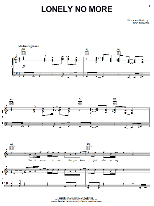 Rob Thomas Lonely No More sheet music notes and chords arranged for Easy Piano