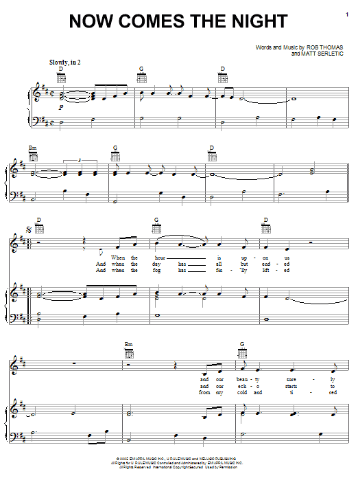 Rob Thomas Now Comes The Night sheet music notes and chords arranged for Piano, Vocal & Guitar Chords (Right-Hand Melody)