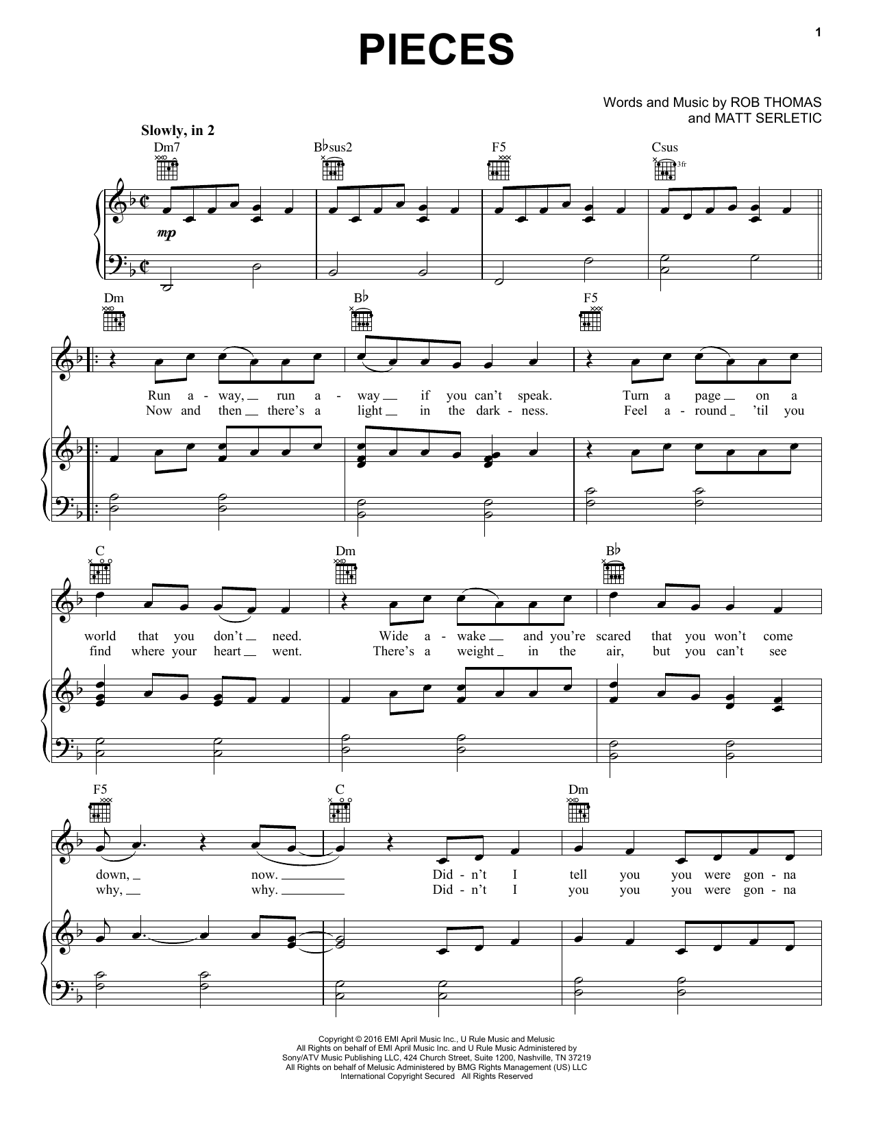 Rob Thomas Pieces sheet music notes and chords arranged for Piano, Vocal & Guitar Chords (Right-Hand Melody)
