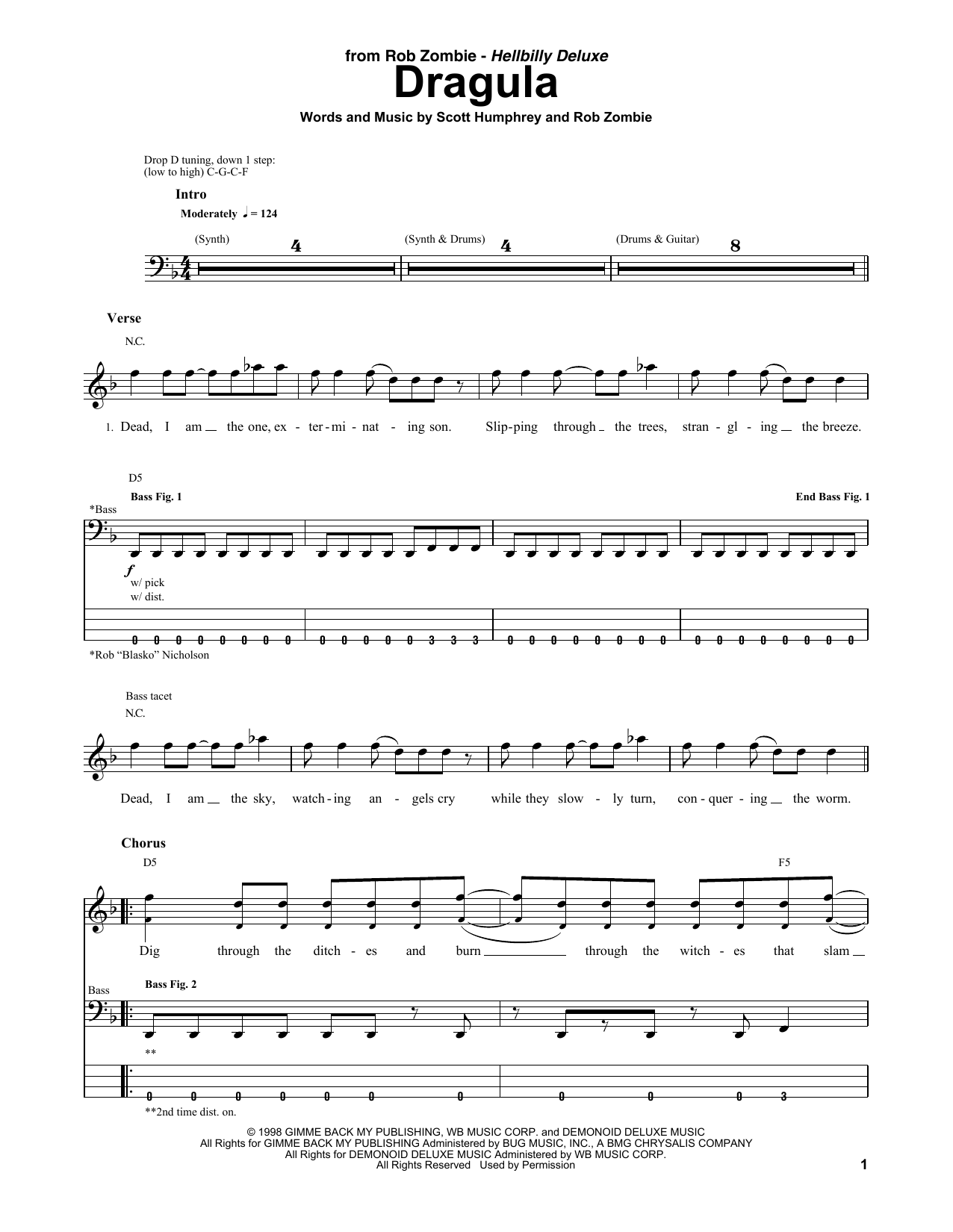 Rob Zombie Dragula sheet music notes and chords arranged for Guitar Tab