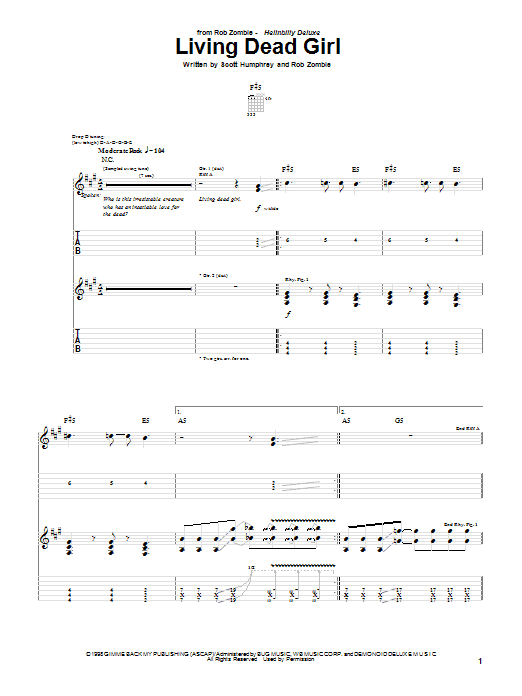 Rob Zombie Living Dead Girl sheet music notes and chords arranged for Guitar Tab