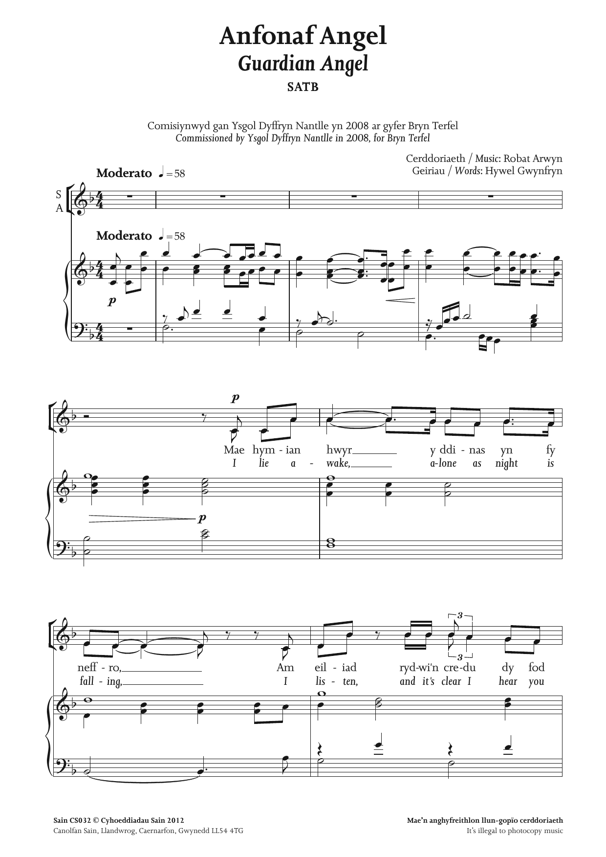 Robat Arwyn Anfonaf Angel (Guardian Angel) sheet music notes and chords arranged for TTBB Choir