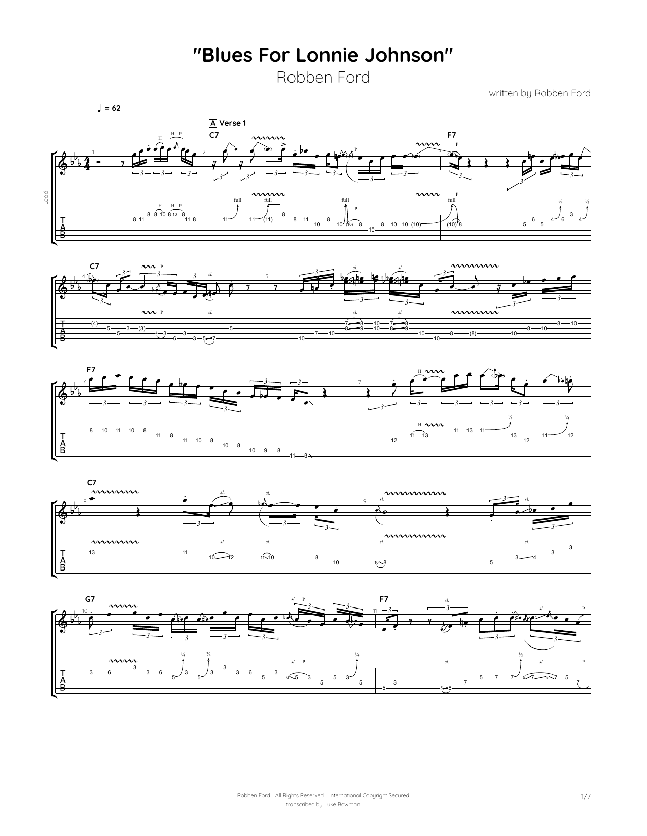 Robben Ford Blues for Lonnie Johnson sheet music notes and chords arranged for Guitar Tab