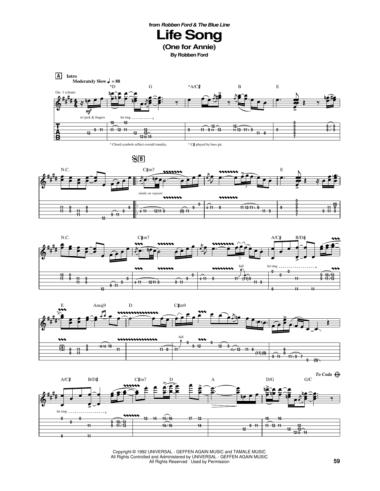 Robben Ford Life Song (One For Annie) sheet music notes and chords arranged for Guitar Tab