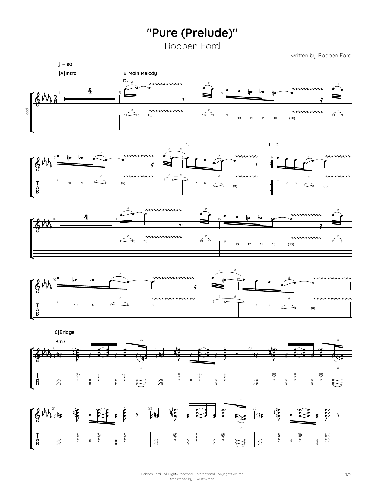 Robben Ford Pure (Prelude) sheet music notes and chords arranged for Guitar Tab