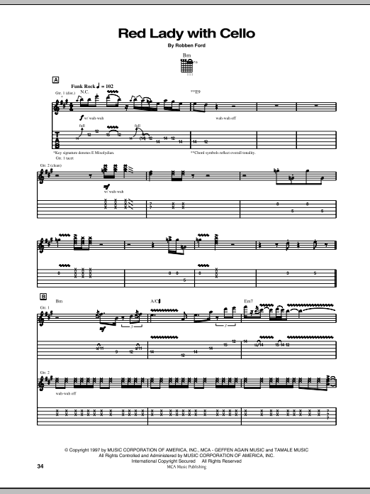 Robben Ford Red Lady With Cello sheet music notes and chords arranged for Guitar Tab