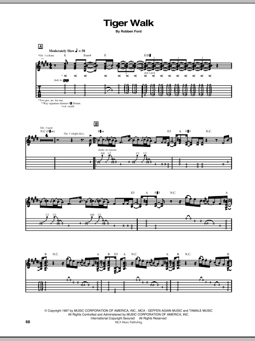 Robben Ford Tiger Walk sheet music notes and chords arranged for Guitar Tab