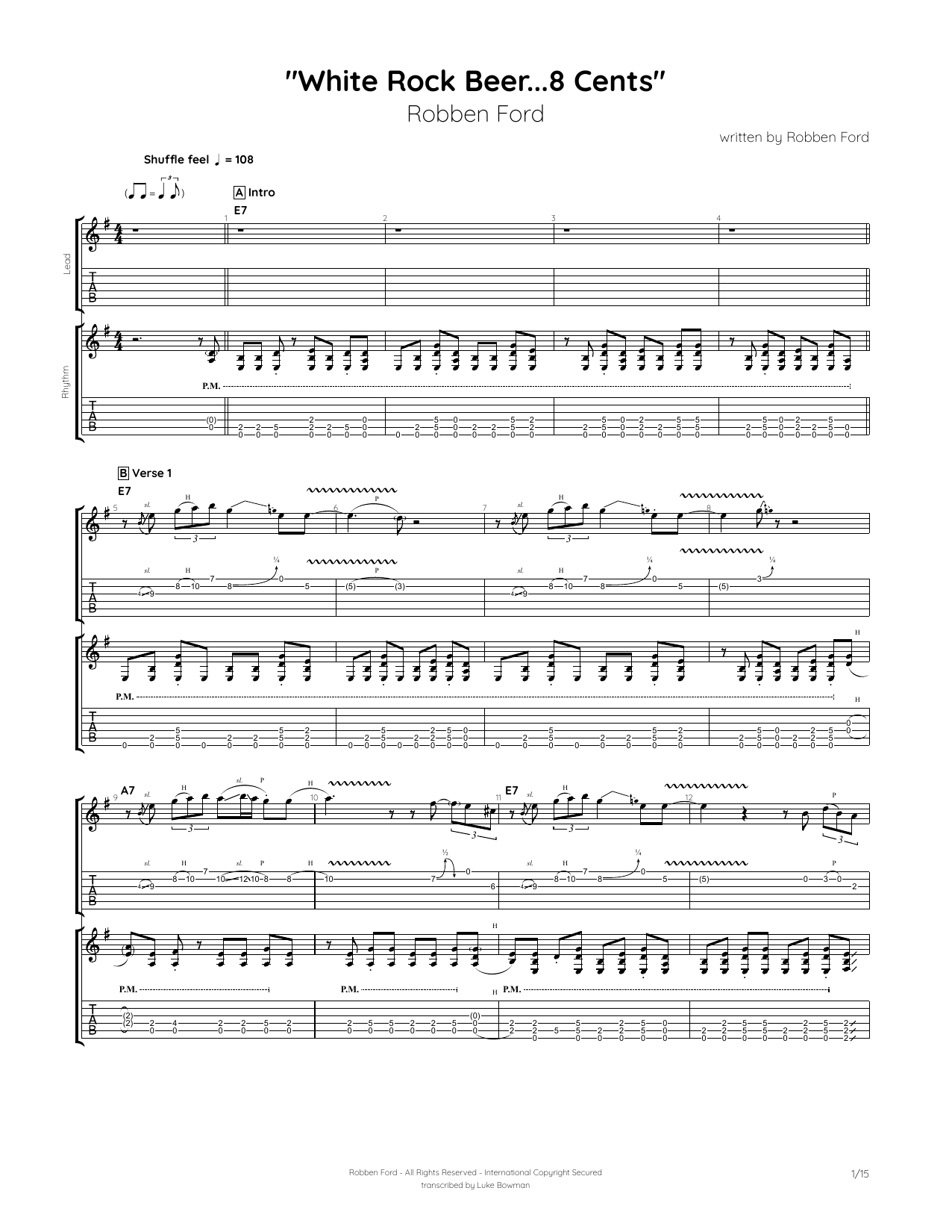 Robben Ford White Rock Beer...8 cents sheet music notes and chords arranged for Guitar Tab