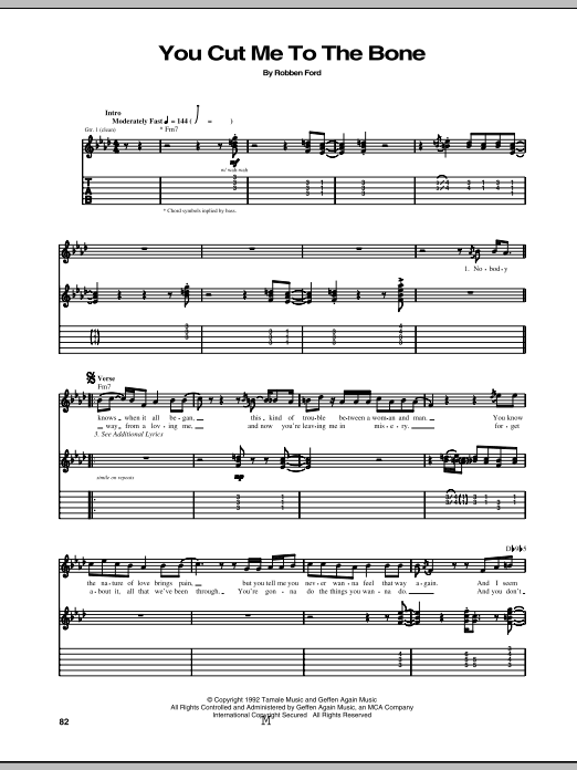 Robben Ford You Cut Me To The Bone sheet music notes and chords arranged for Guitar Tab