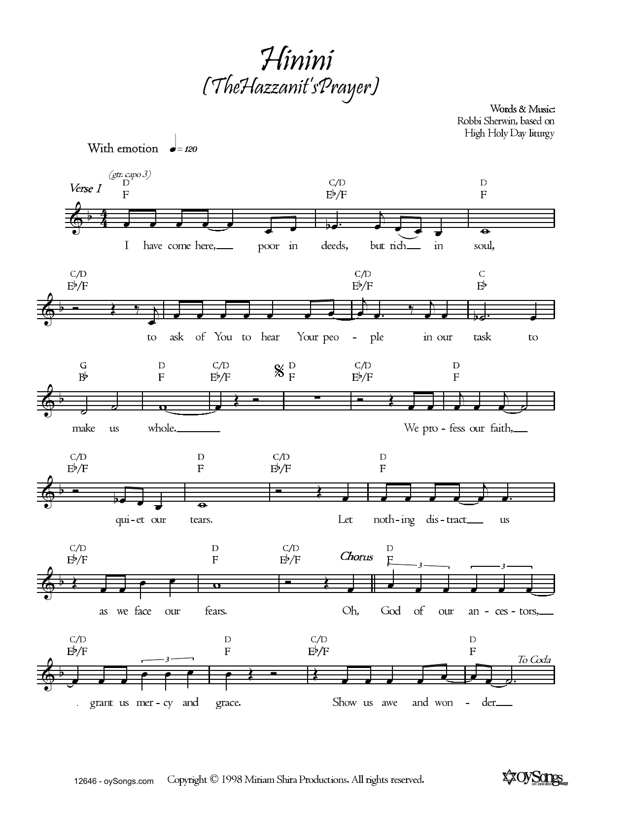 Robbi Sherwin Hinini (The Hazzanit's Prayer) sheet music notes and chords arranged for Lead Sheet / Fake Book