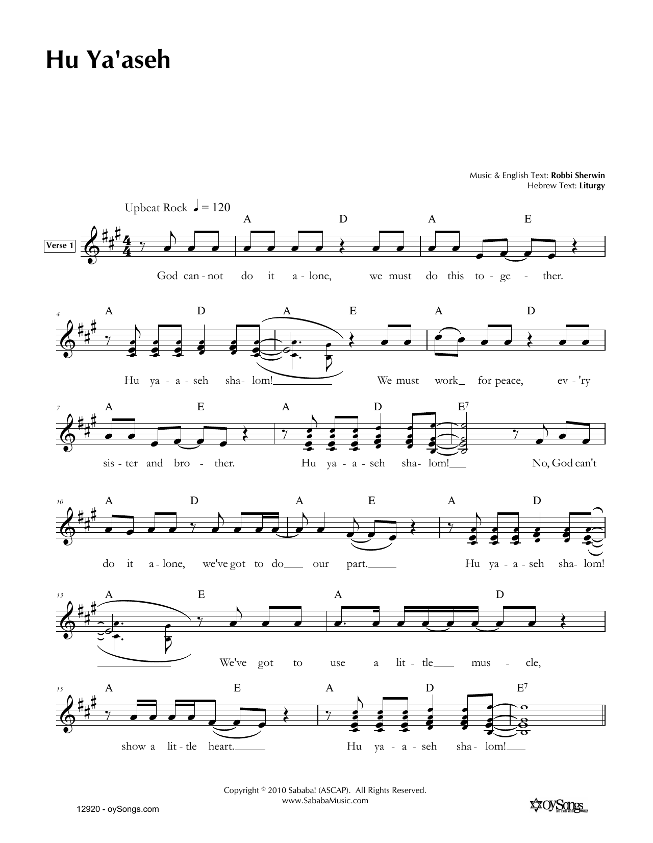 Robbi Sherwin Hu Ya'aseh sheet music notes and chords arranged for Lead Sheet / Fake Book