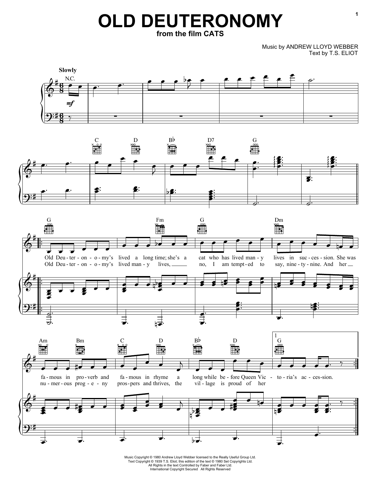 Robbie Fairchild Old Deuteronomy (from the Motion Picture Cats) sheet music notes and chords arranged for Piano, Vocal & Guitar Chords (Right-Hand Melody)