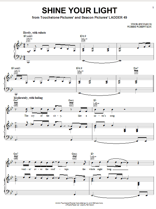 Robbie Robertson Shine Your Light sheet music notes and chords arranged for Piano, Vocal & Guitar Chords (Right-Hand Melody)