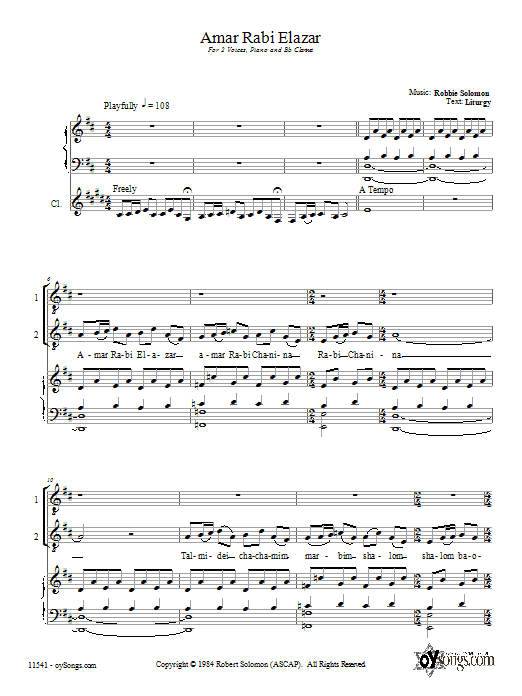 Robbie Solomon Amar Rabi Elazar sheet music notes and chords arranged for 2-Part Choir