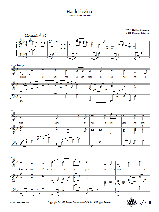 Robbie Solomon Hashkiveinu sheet music notes and chords arranged for Piano, Vocal & Guitar Chords (Right-Hand Melody)