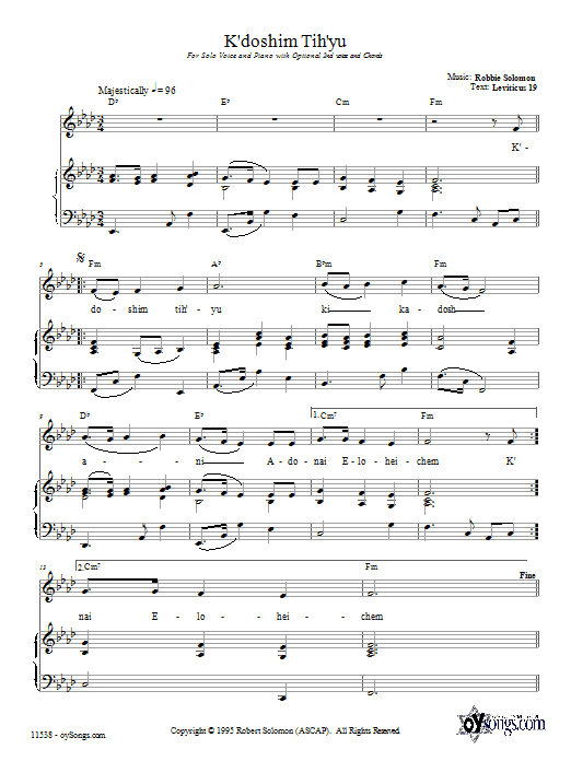 Robbie Solomon K'doshim Tih'yu sheet music notes and chords arranged for Piano, Vocal & Guitar Chords (Right-Hand Melody)