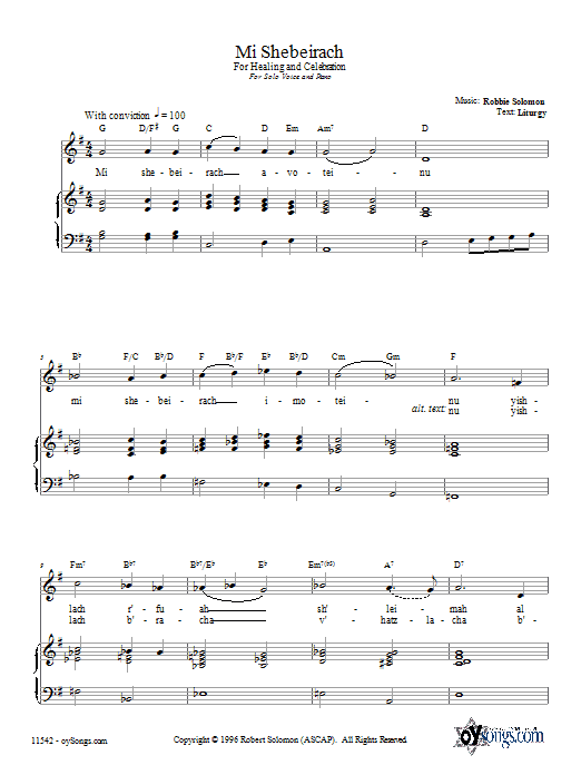 Robbie Solomon Mi Shebeirach sheet music notes and chords arranged for Piano, Vocal & Guitar Chords (Right-Hand Melody)