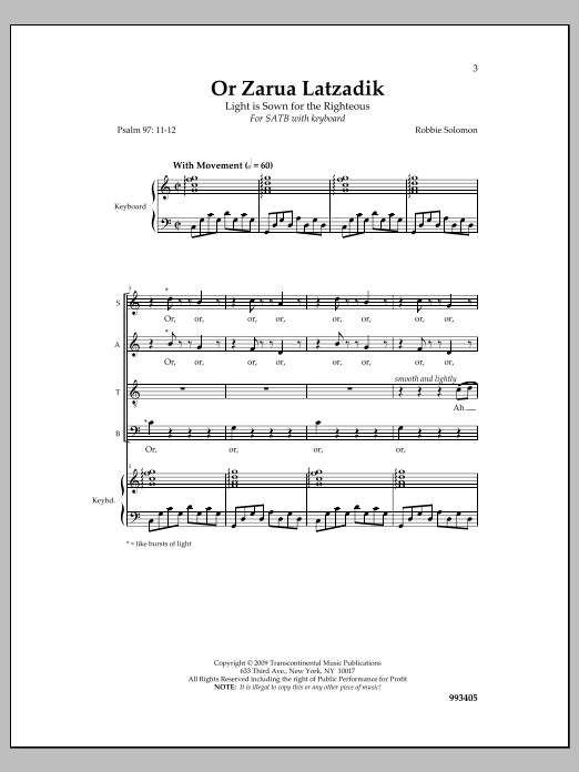 Robbie Solomon Or Zarua sheet music notes and chords arranged for SATB Choir