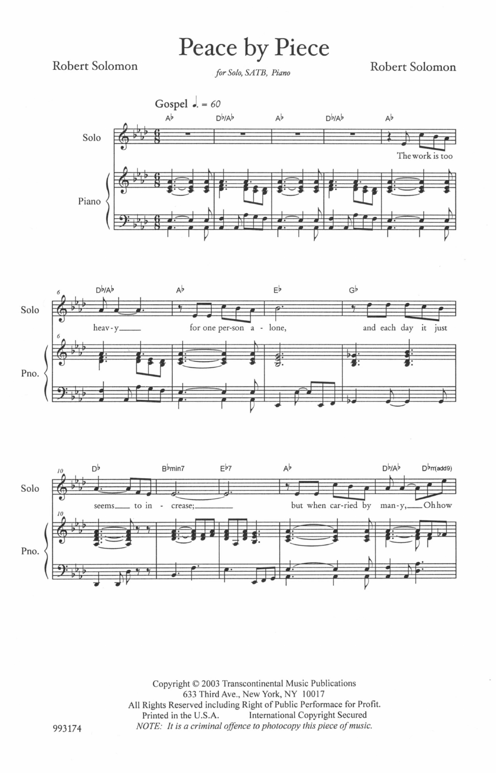 Robbie Solomon Piece By Peace sheet music notes and chords arranged for SATB Choir