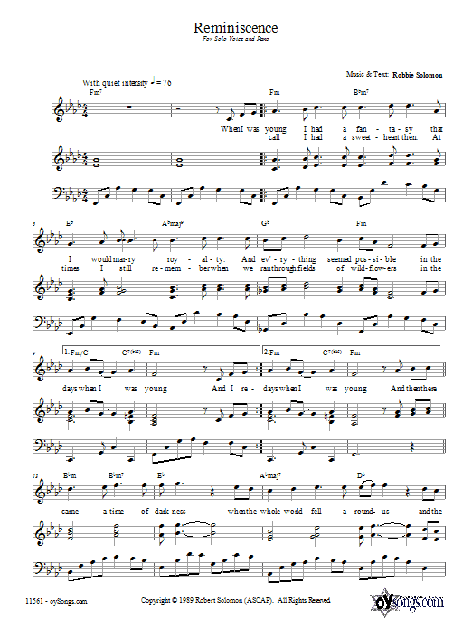 Robbie Solomon Reminscence sheet music notes and chords arranged for Piano, Vocal & Guitar Chords (Right-Hand Melody)