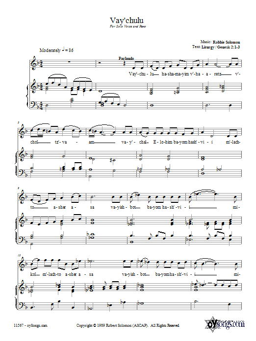 Robbie Solomon Vay'chulu sheet music notes and chords arranged for Piano, Vocal & Guitar Chords (Right-Hand Melody)