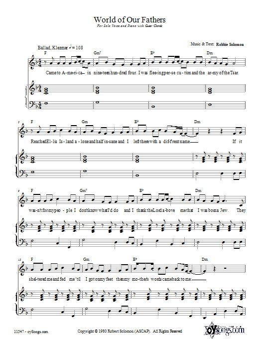 Robbie Solomon World of Our Fathers sheet music notes and chords arranged for Piano, Vocal & Guitar Chords (Right-Hand Melody)