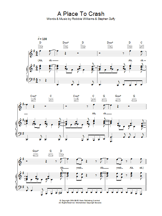 Robbie Williams A Place To Crash sheet music notes and chords arranged for Piano, Vocal & Guitar Chords